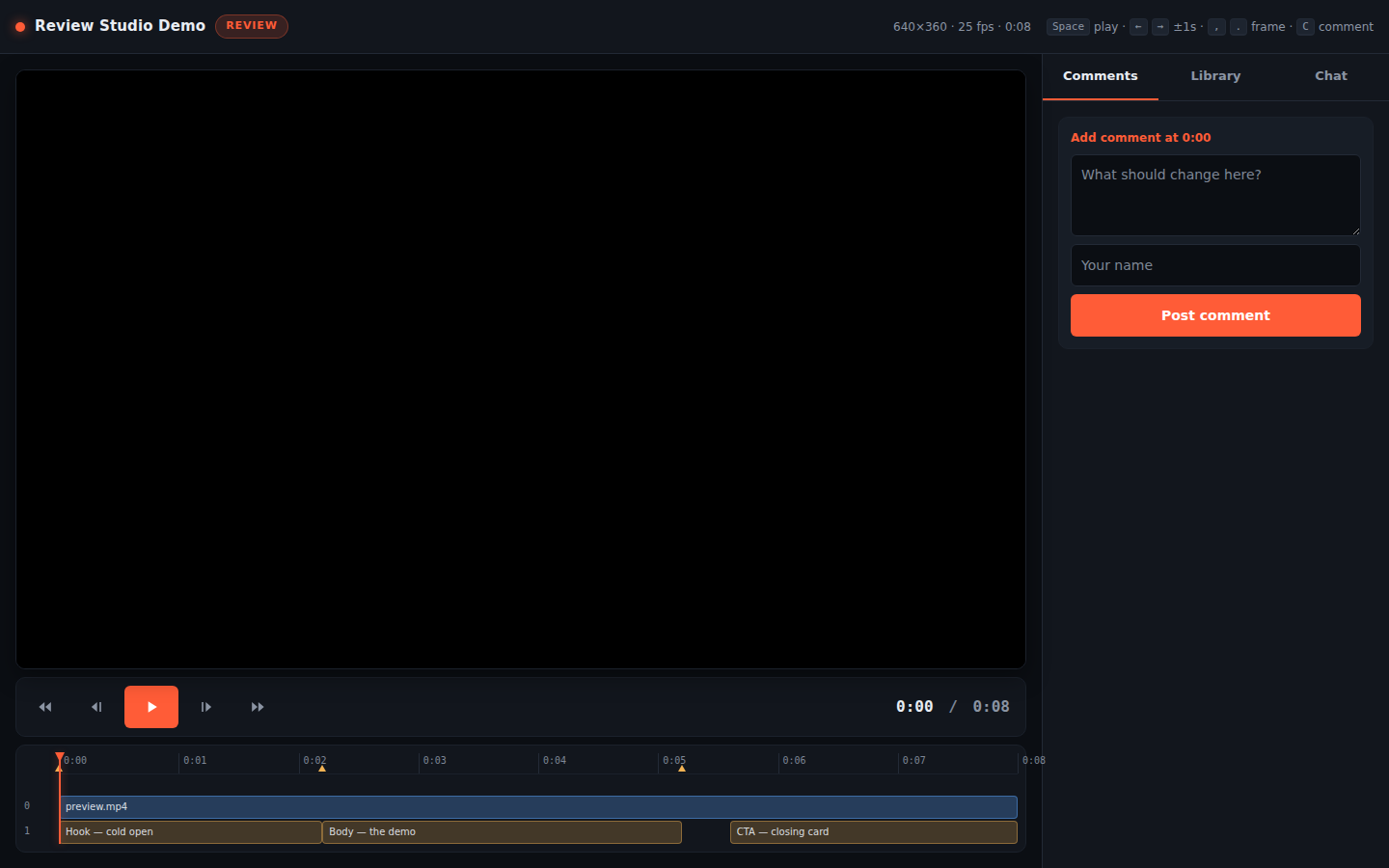 Current desktop Review Studio with large player, editing timeline, Comments, Library, and Chat tabs